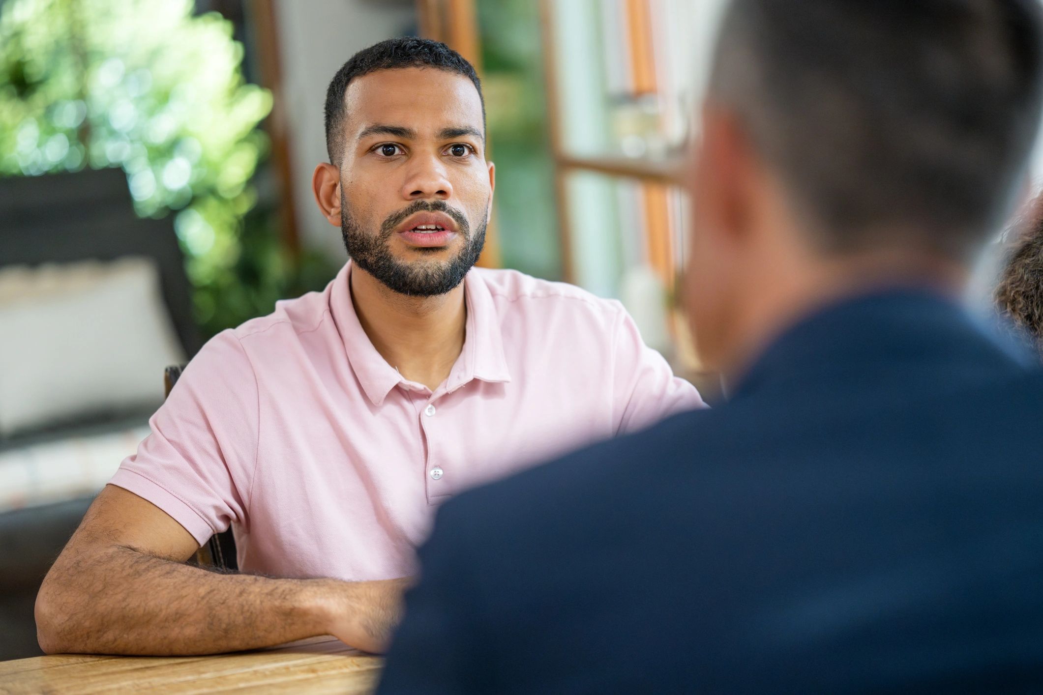 Professional interview conversation in an office
